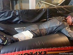 Biker humping in gear feet